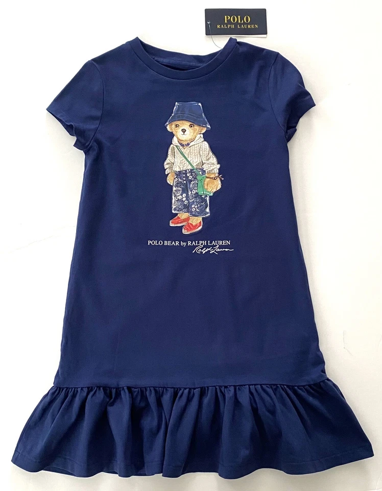NWT, Girls Ralph Lauren Blue Polo Bear T-Shirt Dress. Size 5. Eu 110 - Image 1 of 1