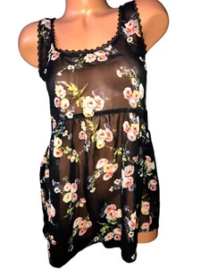 Pacsun Kirra Tank Top XS Sheer Chiffon Floral Babydoll Black Lace Trim Vtg Y2K - Picture 1 of 2
