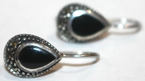 Vtg Pair Sterling Silver .925 1/2" Teardrop Earrings w/ Black Center for Pierced - Picture 1 of 4