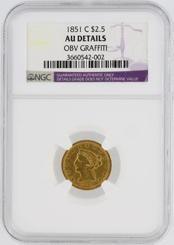 1851-C Quarter Eagle NGC AU Details OBV Graffiti $2.5 Liberty Head Cover