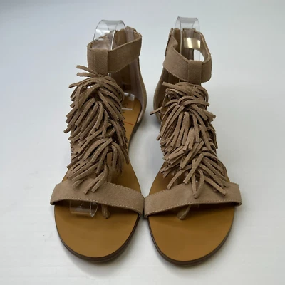 Sole Society Sandal Women 8 Leather Thong Flat Suede T Strap Fringe Koa Core Ex - Image 1 of 4