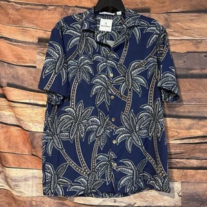 Caribbean M Hawaiian Shirt Blue AOP Palm Trees Performance Button Up Tropical - Picture 1 of 8