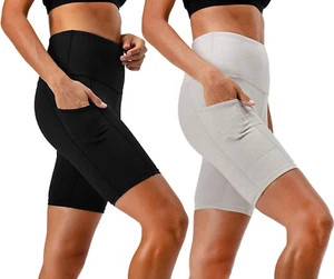 Women'S 2-Pack High Waist Workout Yoga Running Exercise Shorts with Side Pockets - Picture 1 of 12