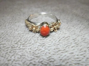 Beautiful Ox Blood CORAL Solid 14K Yellow Gold & Sterling Silver Band Ring Sz 7 - Picture 1 of 12