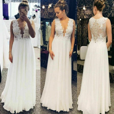 Beach Lace Chiffon Wedding Dresses Country Garden Simple Sleeveless Bridal Gowns - Image 1 of 4