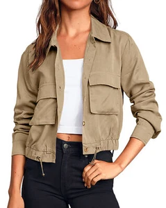 New Ladies Lapel Top Solid Color Short Jacket Single Breasted Long Sleeve Jacket - Picture 1 of 22