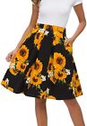 Tandisk Women's Vintage A-line Printed Pleated Flared Midi Skirt with Pockets