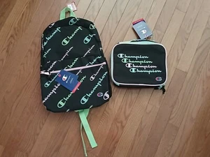 NWT CHAMPION BACKPACK AND MATCHING LUNCHBOX BLACK WITH PASTEL COLORS - Picture 1 of 4