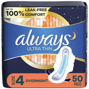 Ultra Thin Overnight Pads with Wings, Size 4, Overnight Absorbency, 50 CT - Picture 1 of 13