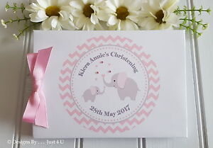 PERSONALISED CHEVRON ELEPHANT BABY SHOWER - PINK BLUE YELLOW. GUEST BOOK ALBUM 