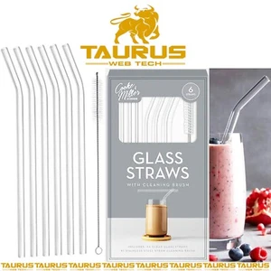 6Pcs Bent GLASS Drinking Straws Eco Friendly Cleaning Brush Party Reusable Shake - Picture 1 of 4