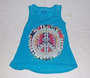 Girls Tank Top FLARE BOTTOM Turquoise Tie Dye Peace Sign SILVER GLITTER XS 4-5 - Picture 1 of 1