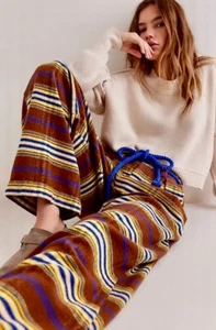 Free People Preppy Plaid Pull On Trousers Pants Flannel Tie Brown Blue M NWT - Picture 1 of 9