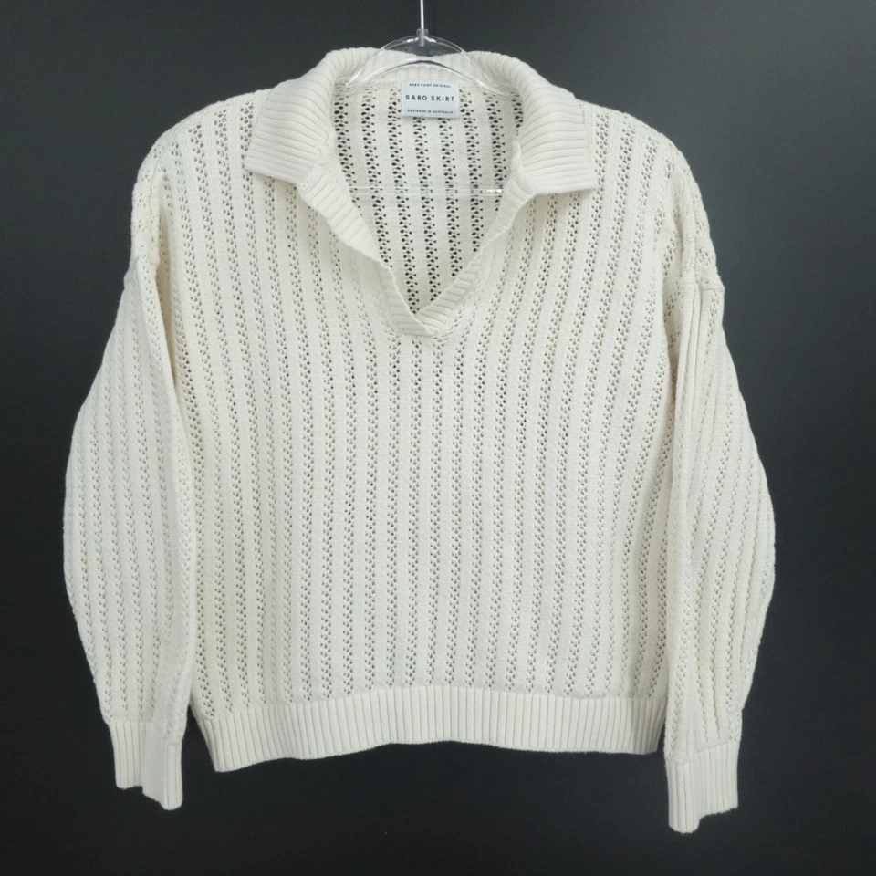 Sabo Falda Suéter Mujer Grande Crema Tejido Abierto Cuello en V Costero Elegante Preppy Foto 1 de 4