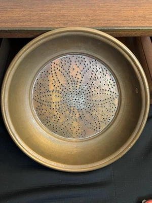 "Colador colador vaporizador colador de cobre macizo raro de colección con mango de latón de 12"" de diámetro" Foto 1 de 4