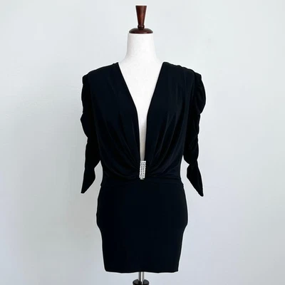 Frederick's Of Hollywood Black Slinky Y2K Rhinestone Deep V Mini Dress  - Image 1 of 4