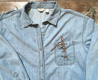 JJILL Boho-Jean Abotonado-Camisa Denim-Cuero Encaje Corbata Bolsillo-LS-Grande-L-XL Foto 1 de 4