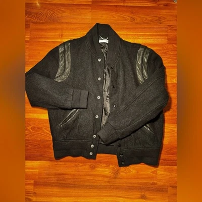 AUTÉNTICA Chaqueta Bomber Saint Laurent Hombre Lana Negra con Detalles de Cuero Foto 1 de 4