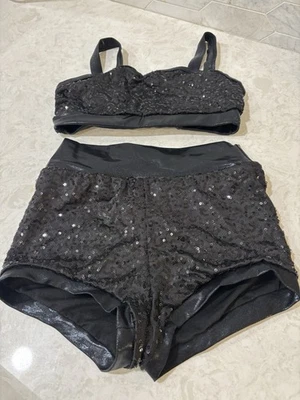 Disfraz de Baile Jazz 2 Piezas Lentejuelas Negras Conjunto Halloween Juventud MC Niñas Usado Foto 1 de 4