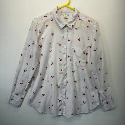 Camisa para mujer H&M 8 blanca estampado cereza abotonada manga larga cuello algodón top Foto 1 de 4
