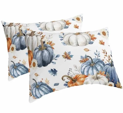 2-Pk Fundas de Almohada Estándar Cosecha Otoño Azul Naranja Blanco Calabaza Vid para el Hogar Foto 1 de 2