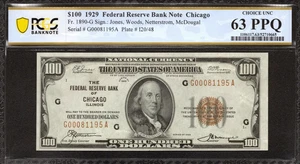 1929 $100 FEDERAL RESERVE BANKNOTE CURRENCY CHICAGO ILLINOIS PCGS 63 PPQ (195A) - Picture 1 of 2