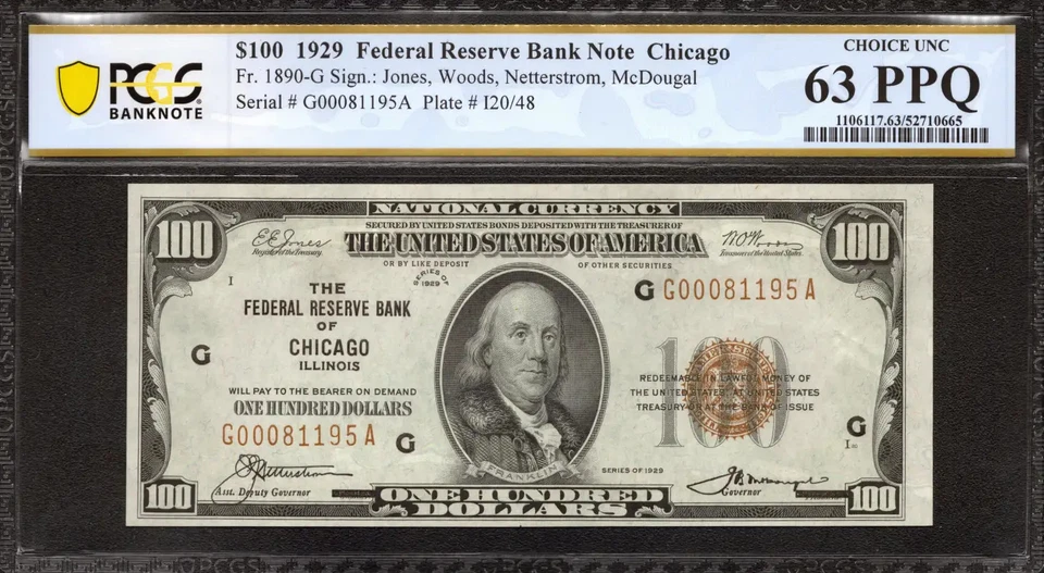 1929 $100 FEDERAL RESERVE BANKNOTE CURRENCY CHICAGO ILLINOIS PCGS 63 PPQ (195A) - Image 1 of 2