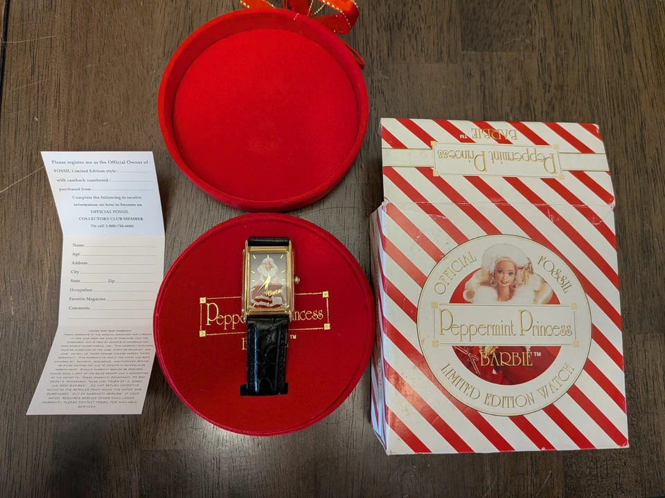  1995 PEPPERMINT принцесса Барби ископаемый часы, черный кожаный ремешок, новый в коробке ограниченного - Изображение 1 из 3