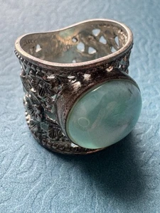 Vintage .925 Sterling Silver Blue Larimar Cabochon Floral Wide Band Ring - Picture 1 of 12