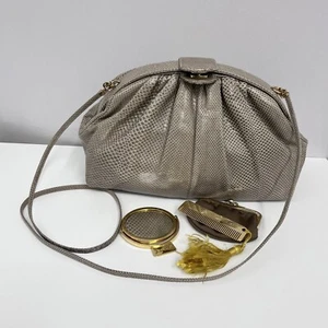 De colección Judith Leiber Lagarto Bolso de Hombro Cartera Taupe Cambio Cartera Espejo Peine - Imagen 1 de 12