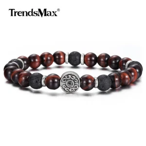 Handmade Red Tiger Eye's Stone Black Lava Beaded Stretch Bracelet Round Charm  - Picture 1 of 5