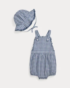 Ralph Lauren Gingham Madras Bubble Shortall & Hat Set Baby Girls 6M Blue Snap Up - Picture 1 of 24