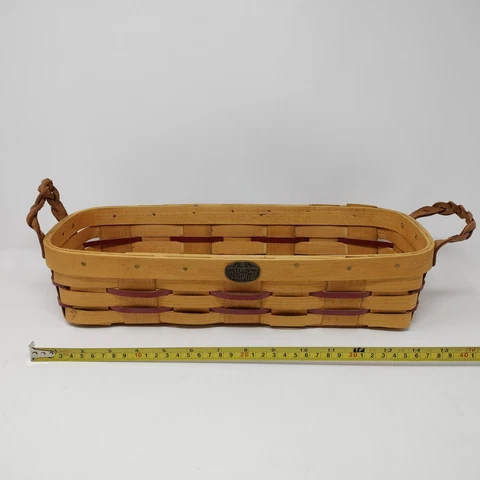 Peterboro Basket Co Rectangular 15"x6"x4" Braided Leather Handles Red Strips USA Cover