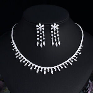 Chic CZ Bridal Tassel Choker Necklace Earrings Jewelry Set Costume Accessories