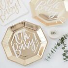 OH BABY Shower PLATES 8 Pack Boy Girl Gold Foiled Classy Paper Christening Range