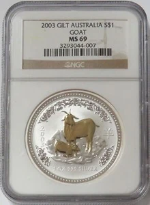 2003 SILVER $1 AUSTRALIA GOLD GILT 1oz YEAR OF THE GOAT LUNAR SERIES NGC MS 69 - Picture 1 of 2