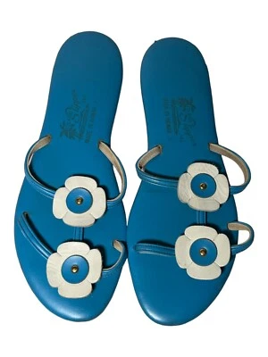 Zapatilla Island De Colección Para Mujer Azul Blanco Cuero Floral Slide Hecha en Hawai Talla 7 Foto 1 de 4