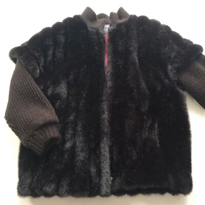 VTG Faux Fur Mob Wife Jacket Drk Brown Knit Sleeves & Collar Size 15/16 Jordache - Image 1 of 4