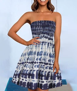 Vestido para mujer tie-dye calado bandeau sin tirantes hasta la rodilla talla M - azul/blanco - Imagen 1 de 4