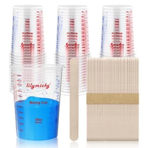 50 Pack Plastic Mixing Cups 20 Oz 600ml Disposable Measuring Cups With 50 Wood - Picture 1 of 7
