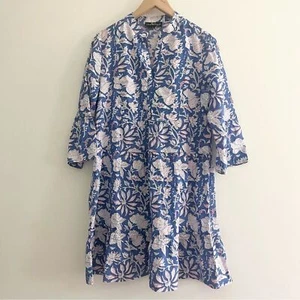 Liza Byrd Genevieve Kleid Blockprint 100% Blumen Baumwolle blau weiß Babydoll S - Bild 1 von 10