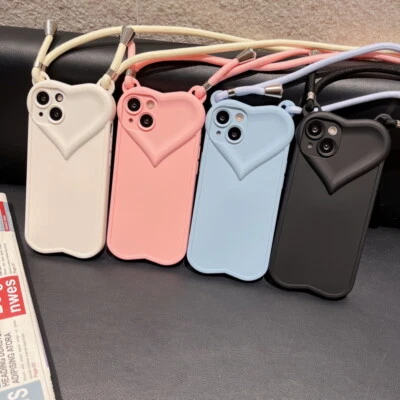 For iPhone 13 Pro Max 12 11 XS X 7 8 Plus Heart Silicone Lanyard Soft Case Cover - Image 1 of 4