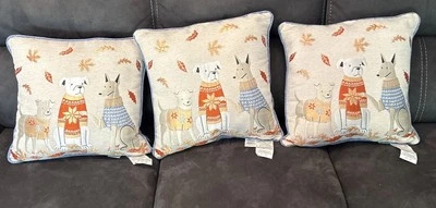 Fall Tapestry Throw Pillow Dogs In Sweaters Leaves Autumn Embroidered Decor Lot - Image 1 of 4