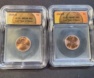 2025-P/D Last Year of Issue ICG MS67 RD 1C Penny Lincoln Cent Tag 2 Coin Set - Picture 1 of 12