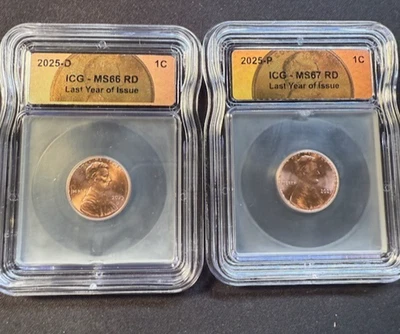 2025-P/D Last Year of Issue ICG MS67 RD 1C Penny Lincoln Cent Tag 2 Coin Set - Image 1 of 4