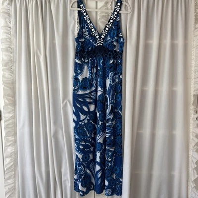 Maxi Vestido Para Mujer Style & Co Talla Extra Grande Azul Bali Paisley Elastizado Con Cuentas Foto 1 de 4