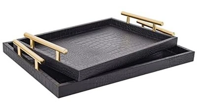 Moderna Elegante Bandeja Grande de Madera para Servir, Juego de 2 Cuero de Cocodrilo con Negro Foto 1 de 4