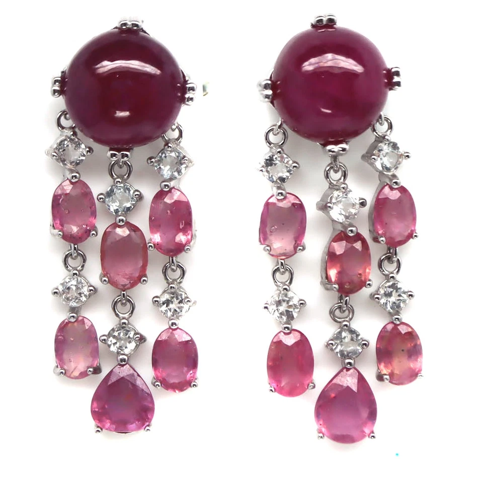 925 Sterling Silver Red Ruby & White Zircon Made in Thailand Earrings - Image 1 of 4