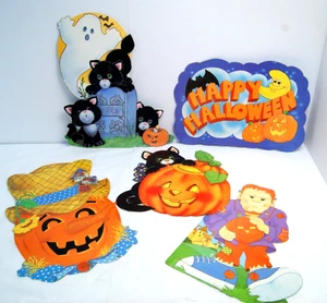 Halloween Die Cut Flocked Cats, Jack o Lanterns Monster 2 Sided VTG Decorations  - Picture 1 of 24