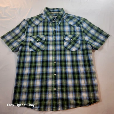 Camisa para hombre Ditch Plains perla a presión manga corta bolsillos grandes verde/azul a cuadros Foto 1 de 4